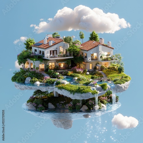Fantasy Floating House Surrounded by Clouds and Lush Greenery