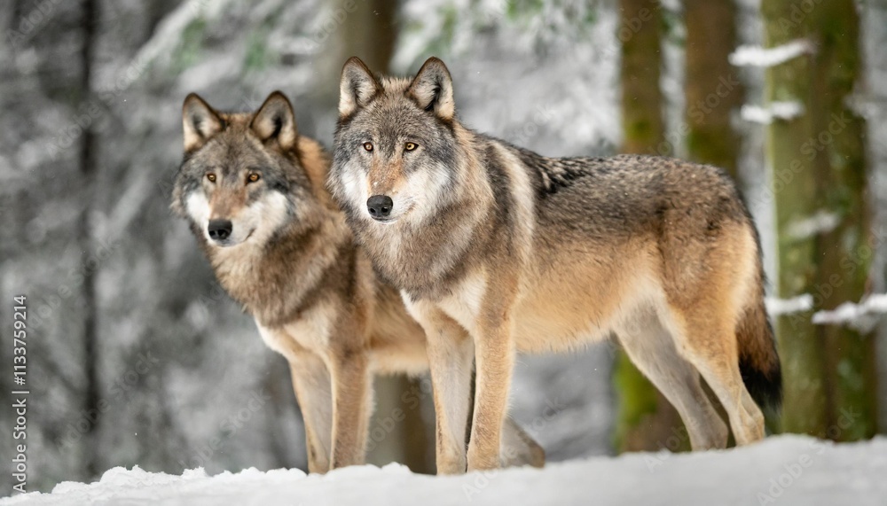 Pair of Wolves Standing in Snow-Covered Forest Observing Their Surroundings Pair of Wolves Standing in Snow-Covered Forest Observing Their Surroundings