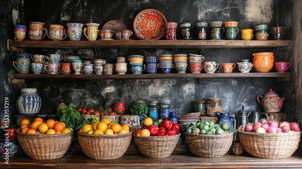 Colorful pottery and fresh produce displayed on wooden shelves against a dark wall. Colorful pottery and fresh produce displayed on wooden shelves against a dark wall.