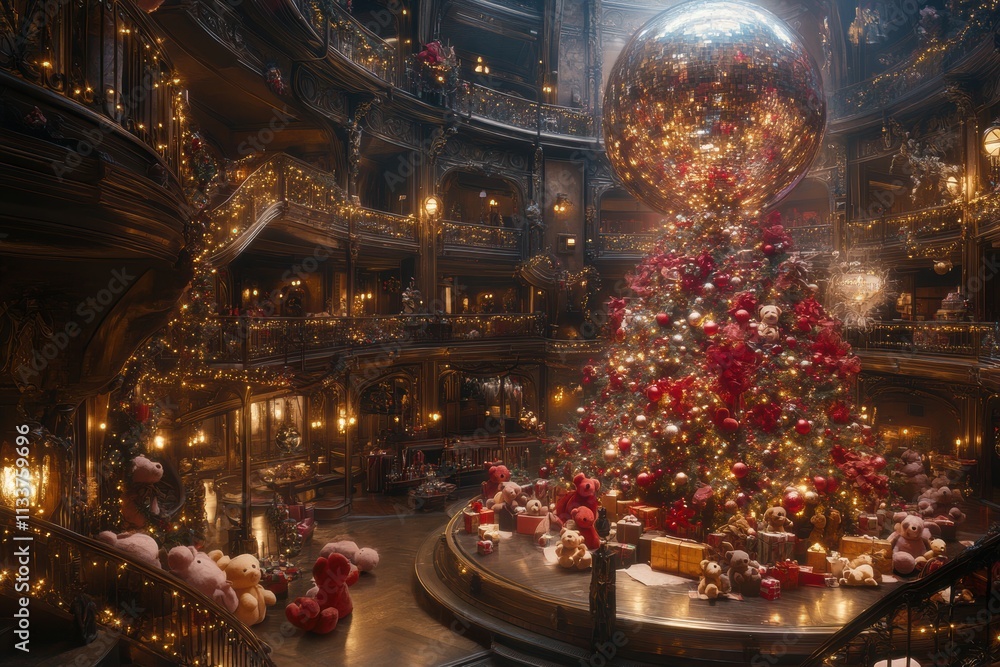 Magical Christmas Tree in Grand Hall with Teddy Bears Magical Christmas Tree in Grand Hall with Teddy Bears