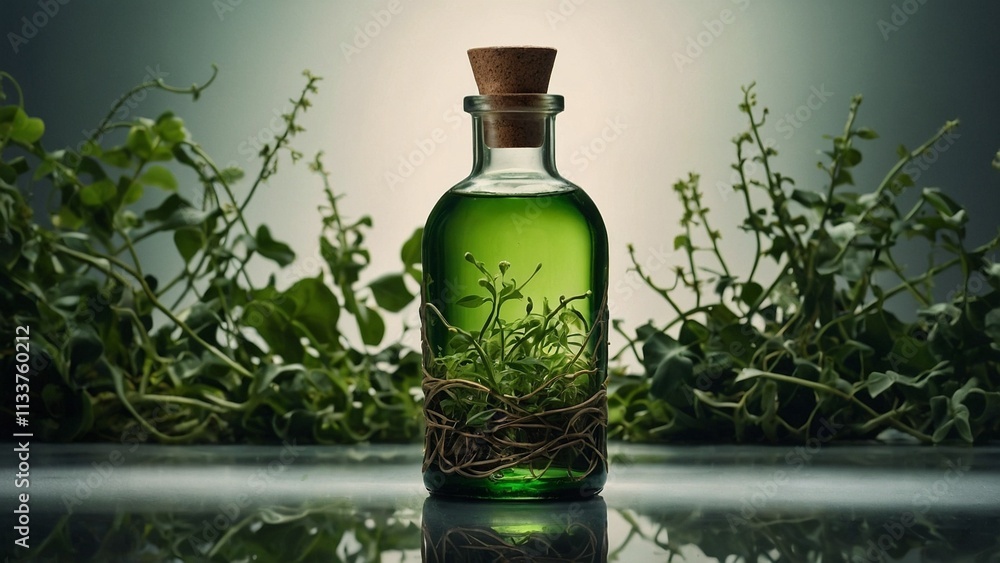 A lush green bottle, adorned with delicate vines and sprouting plants, sits atop a sleek oil bottle on a crystal clear backdrop. A lush green bottle, adorned with delicate vines and sprouting plants, sits atop a sleek oil bottle on a crystal clear backdrop.