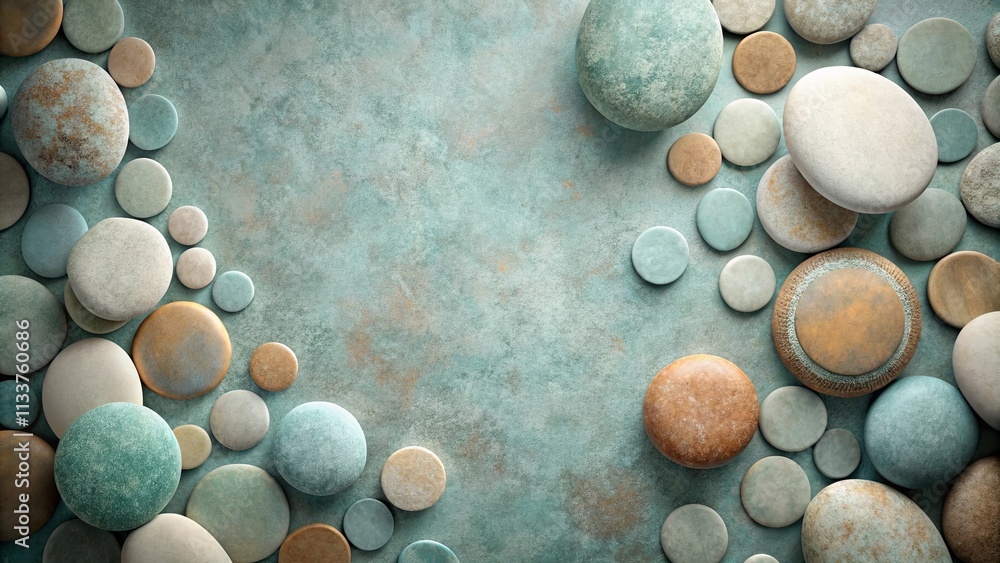 Serene arrangement of smooth, multicolored stones on a textured background, ideal for wellness or spa branding Serene arrangement of smooth, multicolored stones on a textured background, ideal for wellness or spa branding
