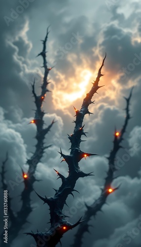 Gloomy Sunset: Thorny Branches Against a Dark and Stormy Sky photo