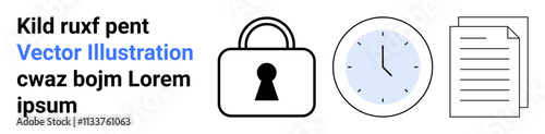 Lock symbolizes security, clock represents time management, and documents indicate paperwork. Ideal for confidential information, secure storage, time efficiency, data management, document