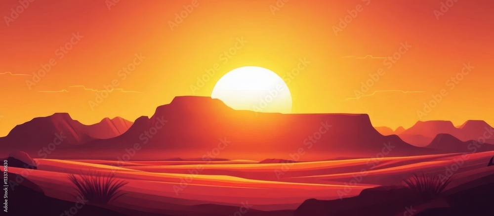 Stunning depiction of a warm sunset over a western desert landscape. Stunning depiction of a warm sunset over a western desert landscape.