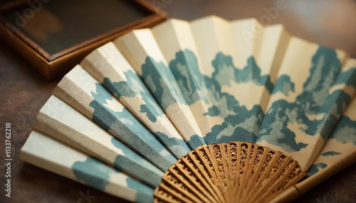 Beautiful decorative hand fan with intricate design on a table with copy space
