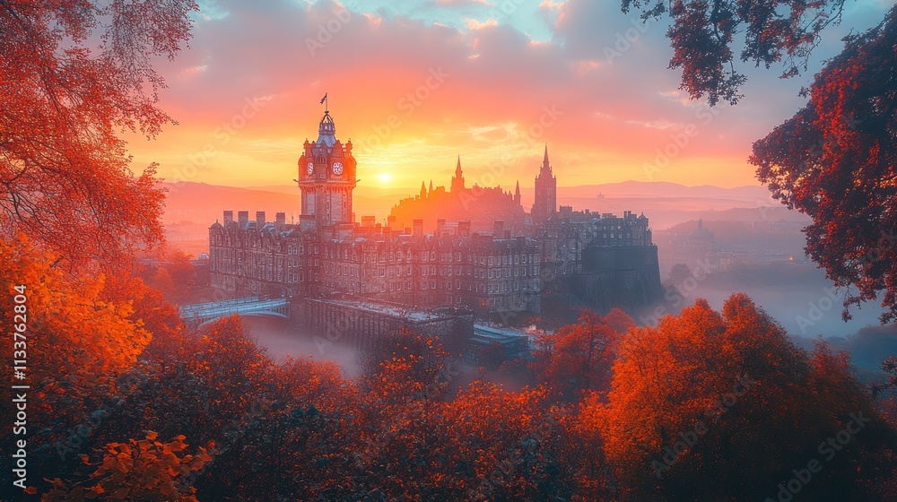 Fototapeta premium A picturesque castle at sunset, surrounded by mist and vibrant autumn foliage.