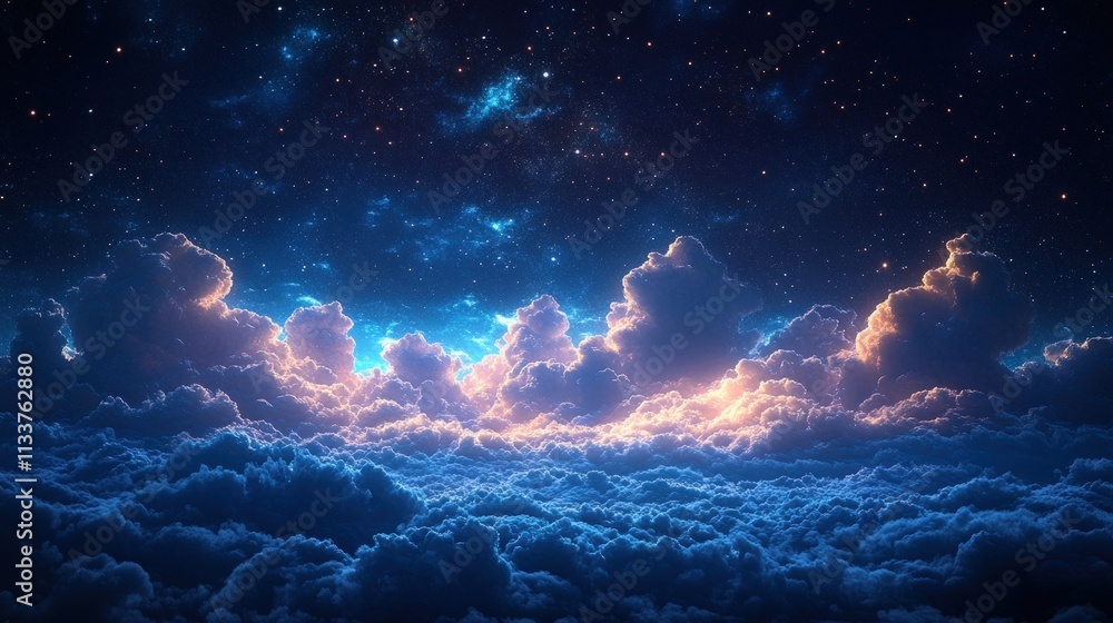 Starry night sky above glowing clouds. Starry night sky above glowing clouds.
