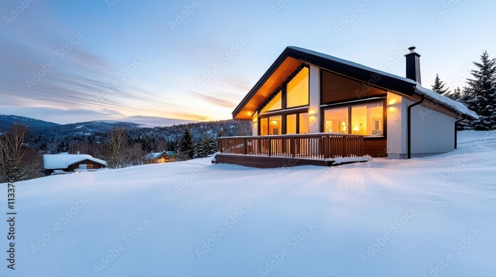Cozy wooden mountain cabin nestled in a snowy winter landscape with a warm glow from the interior lighting illuminating the porch and surrounding scenery at sunset Cozy wooden mountain cabin nestled in a snowy winter landscape with a warm glow from the interior lighting illuminating the porch and surrounding scenery at sunset
