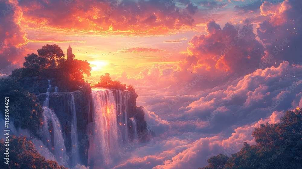 Fototapeta premium Sunset, waterfall, island, clouds, fantasy landscape.
