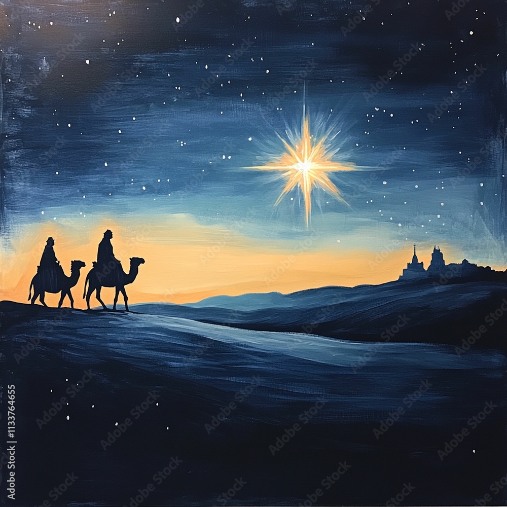 Fototapeta premium a design featuring a radiant star shining brightly in the night sky over a calm landscape
