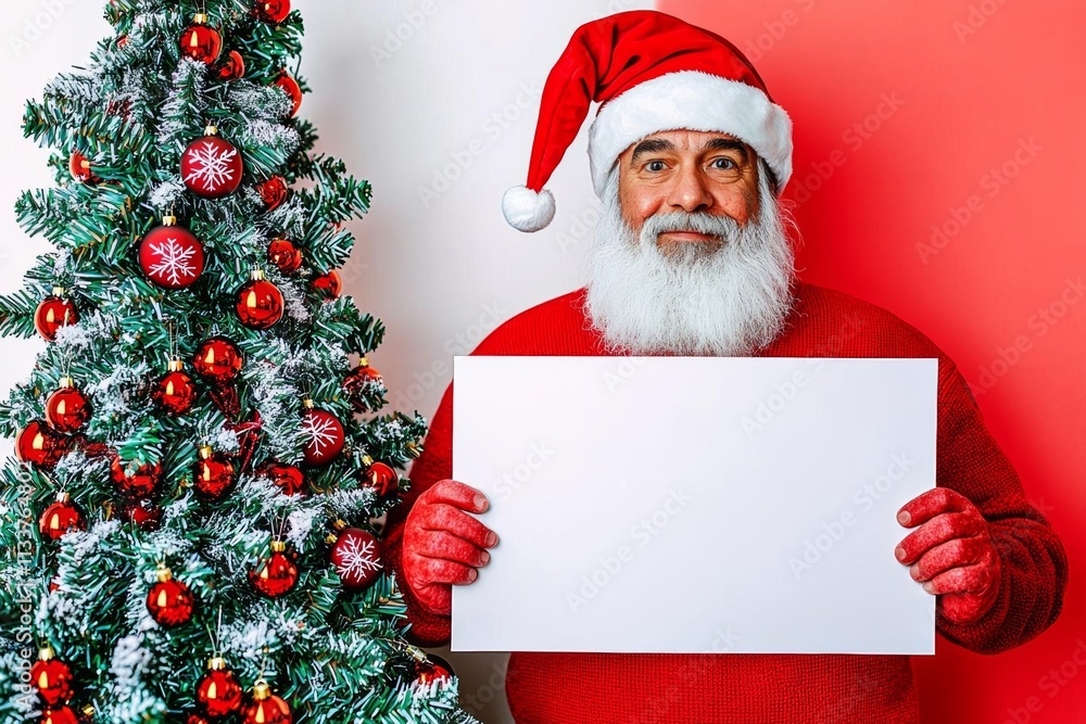 Portrait of funny funky christmas father in red hat headwear look behind white wall poster advertise winter x-mas shopping seasonal miracle sales discounts isolated over bright col Portrait of funny funky christmas father in red hat headwear look behind white wall poster advertise winter x-mas shopping seasonal miracle sales discounts isolated over bright col