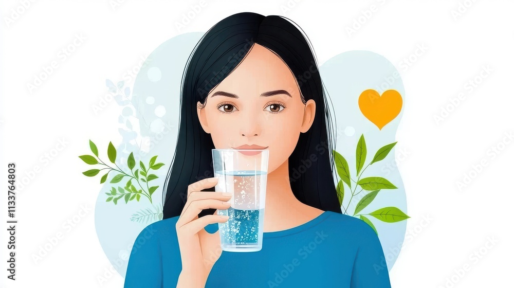 Young smiling woman holding a glass of refreshing drink while surrounded by a natural floral environment conveying a sense of wellness and tranquility Young smiling woman holding a glass of refreshing drink while surrounded by a natural floral environment conveying a sense of wellness and tranquility