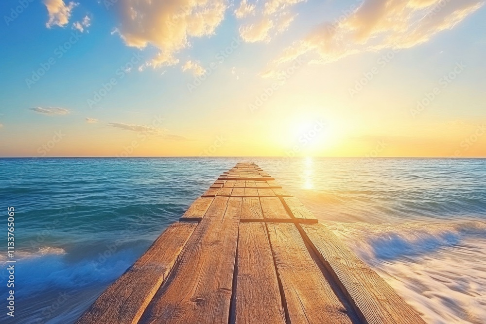 Fototapeta premium short wooden jetty with sunset