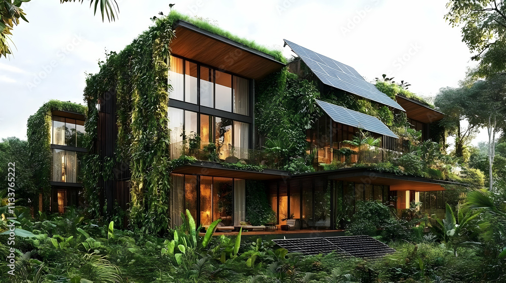 Modern eco-friendly house surrounded by lush greenery and solar panels. Modern eco-friendly house surrounded by lush greenery and solar panels.