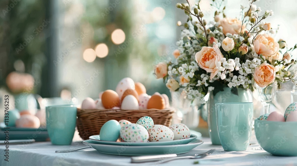Cozy rustic spring table setting with a beautiful floral bouquet in a vintage vase a basket of colorful Easter eggs and other natural homemade elements creating a warm inviting Cozy rustic spring table setting with a beautiful floral bouquet in a vintage vase a basket of colorful Easter eggs and other natural homemade elements creating a warm inviting