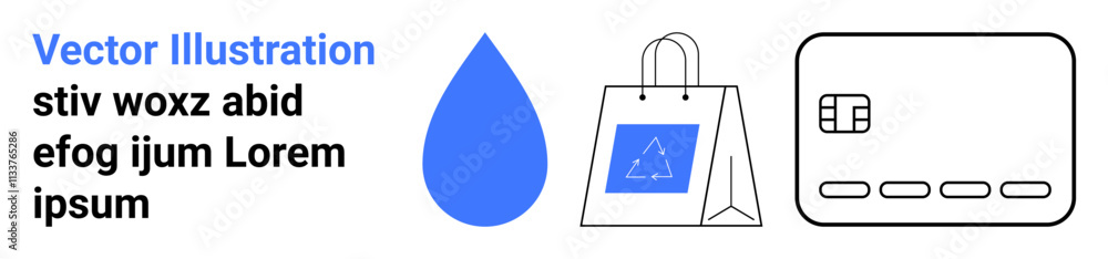 Blue water droplet, shopping bag with recycle symbol, and credit card represent sustainability, e-commerce, and finance. Ideal for environmental campaigns, online shopping, eco-friendly products Blue water droplet, shopping bag with recycle symbol, and credit card represent sustainability, e-commerce, and finance. Ideal for environmental campaigns, online shopping, eco-friendly products