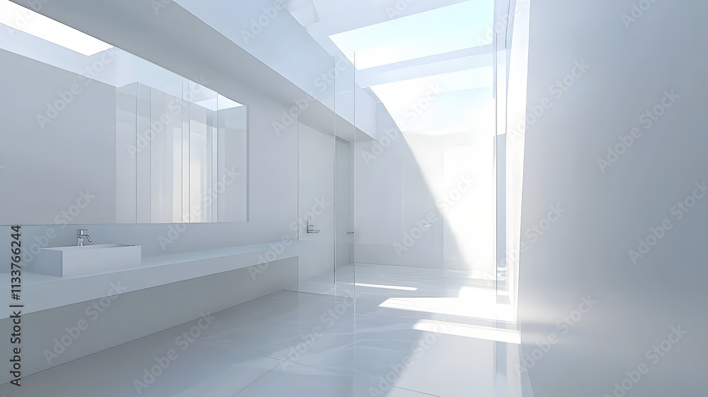 Fototapeta premium Light and airy minimalist bathroom with skylight, wall-mounted basin, and transparent glass door,