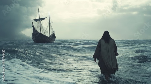 Jesus walks on water across the sea towards a boat during a storm. photo