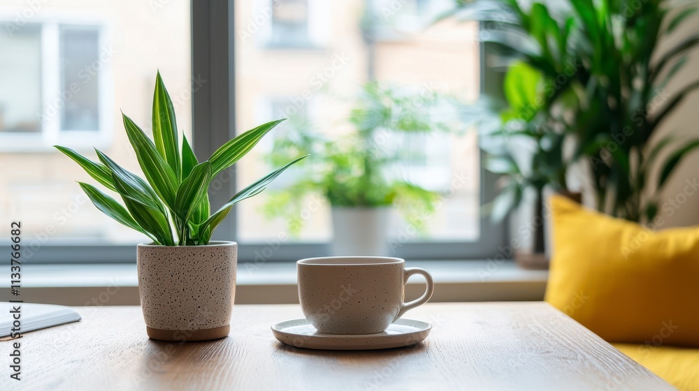 A cozy interior scene featuring a green plant and a white cup on a wooden table in a bright room. A cozy interior scene featuring a green plant and a white cup on a wooden table in a bright room.