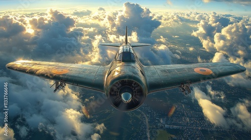 Vintage plane soars above fluffy clouds. photo