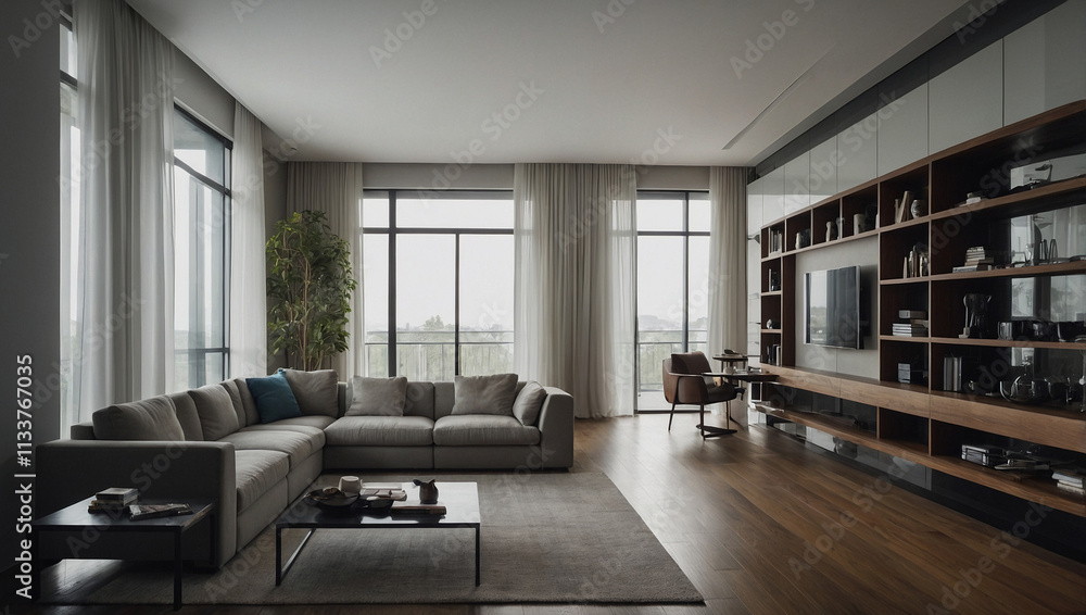 Fototapeta premium Modern Living Room Interior with Sectional Sofa and Built-in Shelving