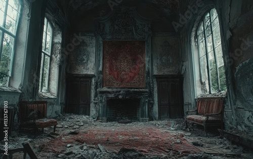 Forsaken grandeur: gloomy, deserted castle shrouded in eerie quiet, its once majestic halls now consumed by decay, lingering memories, unsettling atmosphere of solitude, abandonment. photo