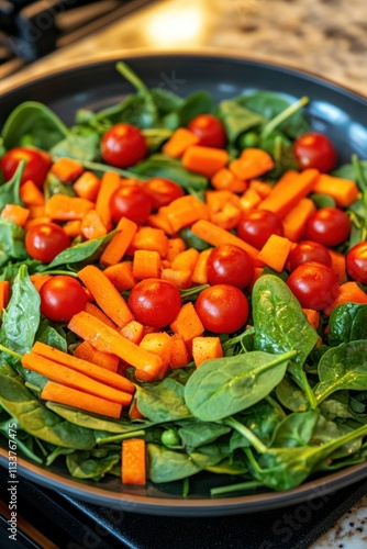 A vibrant salad mix featuring spinach, cherry tomatoes, and diced carrots in a frying pan.