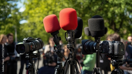 Journalist at a press conference, surrounded by microphones and cameras, journalist, blurred background, natural light, affinity, bright background photo