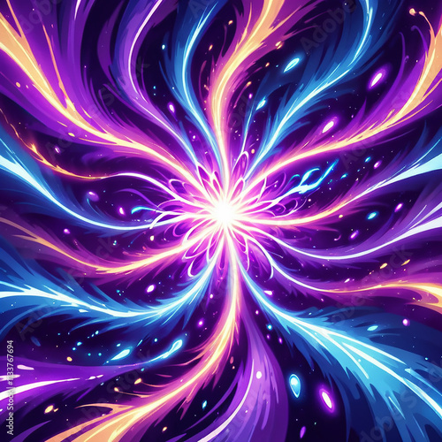 A bright, glowing burst of cosmic energy with swirling purple, blue, and yellow hues against a dark background.