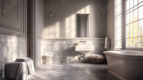 British minimalist bathroom with soft grey tones, a wall sink, and understated classic details, photo