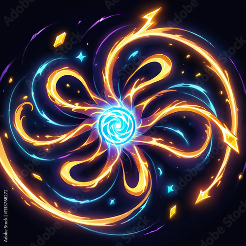 A swirling energy vortex with glowing lines in yellow, blue, and purple against a dark background. The center of the vortex has a blue swirling pattern, and the lines form a flowerlike shape.