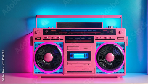 A vintage pink boombox, playing a cassette tape, is dramatically illuminated by vibrant pink and blue neon lights, transporting the viewer to a nostalgic era