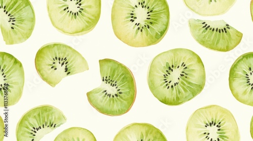 Watercolor painting of sliced kiwi fruit arranged in a pattern