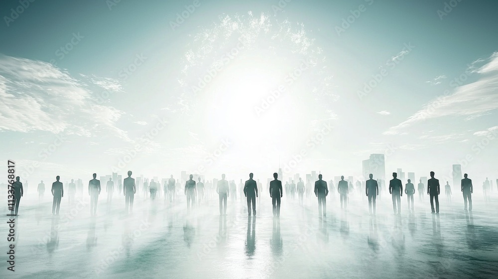 Silhouetted Figures in Foggy Cityscape Silhouetted Figures in Foggy Cityscape