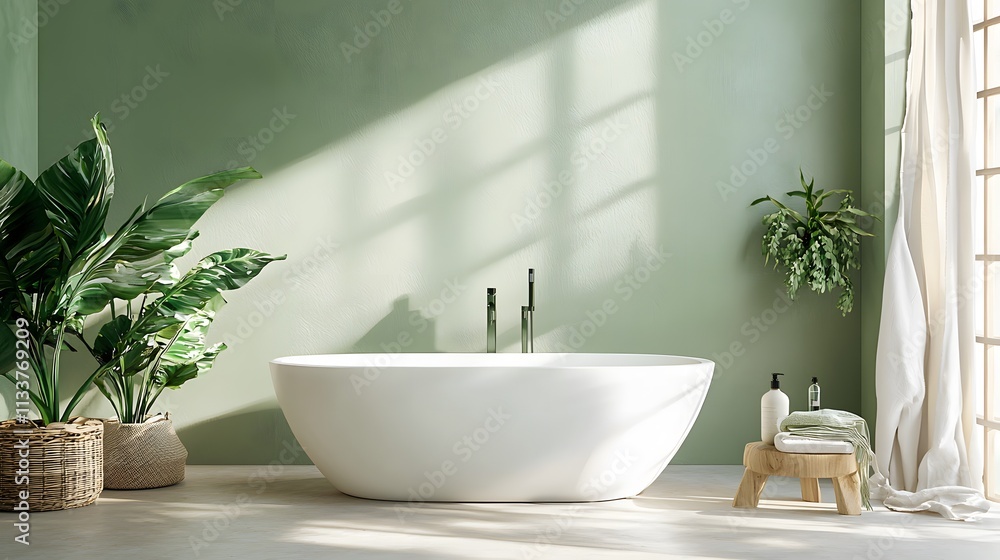 Wide shot of a Taiwanese minimalist bathroom featuring subtle green accents and clean fixtures, Wide shot of a Taiwanese minimalist bathroom featuring subtle green accents and clean fixtures,
