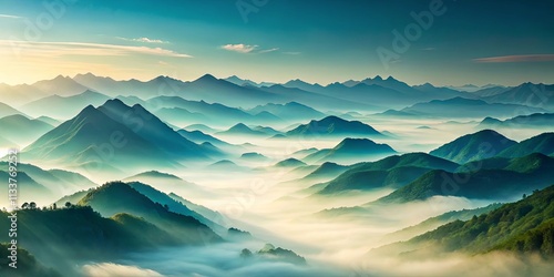 Serene Sunrise Over Rolling Hills and Misty Valleys