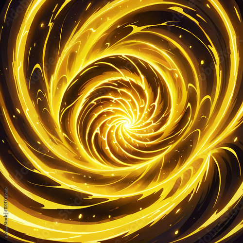 A digitally rendered abstract image of a golden spiral vortex swirling into a bright point of light against a black background.
