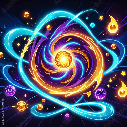 A swirling vortex of blue and gold energy with glowing orbs and stars scattered around it against a dark background. The center of the vortex is a bright, pulsating sphere.