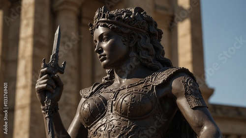 Statue of Nemesis, the goddess of retribution, holding a balance scale and a dagger of vengeance, with an abyss of punishment and redemption in the backdrop, carvings reflecting her relentless pursuit photo