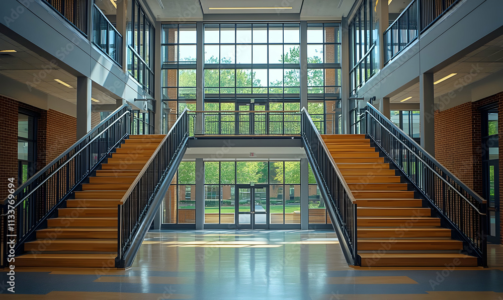 Obraz premium A spacious interior with two symmetrical staircases and large windows allowing natural light.