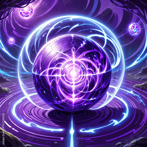 A large, dark purple orb with glowing veins and a bright white center is encased in a transparent, bluetinged sphere, surrounded by swirling energy in a purple void.