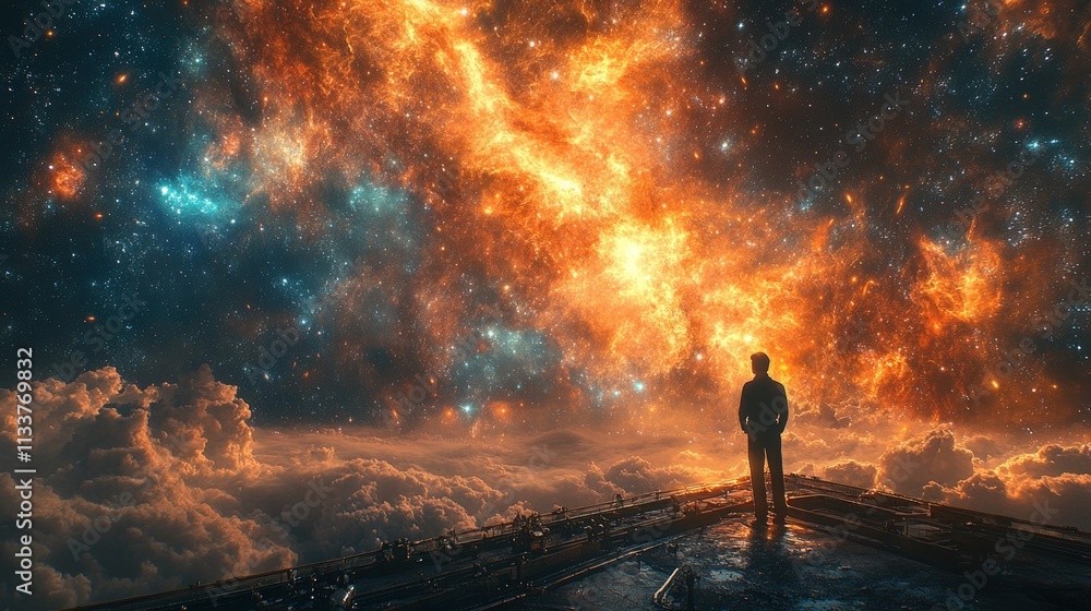Person silhouetted, fiery nebula, cloudscape. Person silhouetted, fiery nebula, cloudscape.