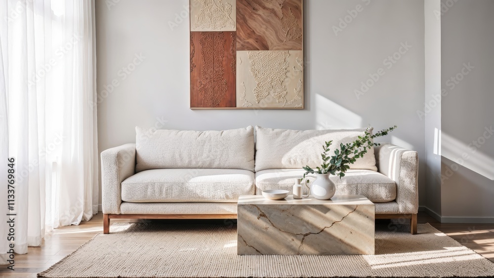 Fototapeta premium Generative AI, Contemporary living room with textured sofa and neutral tones