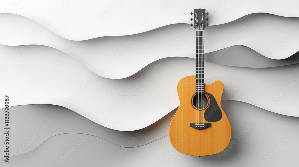 Obraz premium Modern flat illustration of an acoustic guitar, combined with a stylish wavy hillside. Soft lighting highlights the wood texture of the guitar, perfect for a music themed decor.