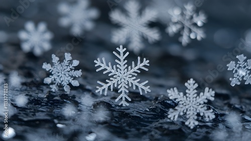 Macro photo of snowflake texture on a dark, blurred surface