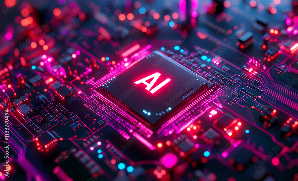 Abstract close-up of a chip with glowing AI text on a circuit board, a technology and artificial intelligence concept Abstract close-up of a chip with glowing AI text on a circuit board, a technology and artificial intelligence concept