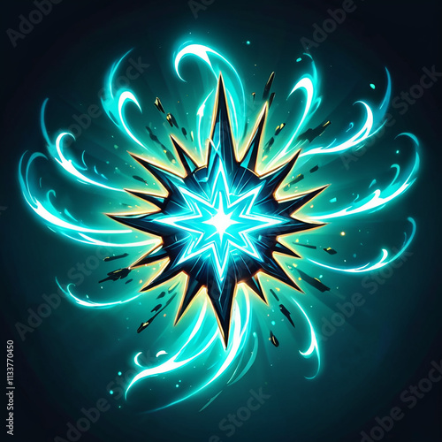 A radiant, starshaped crystal emits glowing blue energy, surrounded by swirling, ethereal tendrils against a dark blue background.