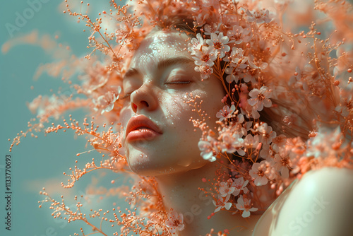 Dreamlike artistic portrait of a woman surrounded by delicate flowers and soft light