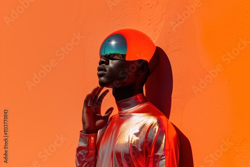 Futuristic portrait of an african american man featuring bold orange hues and reflective helmet design